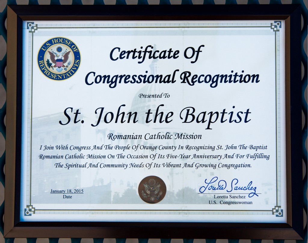 Certificat de la Congres oferit Misiunii Sf Ioan Botezatorul
